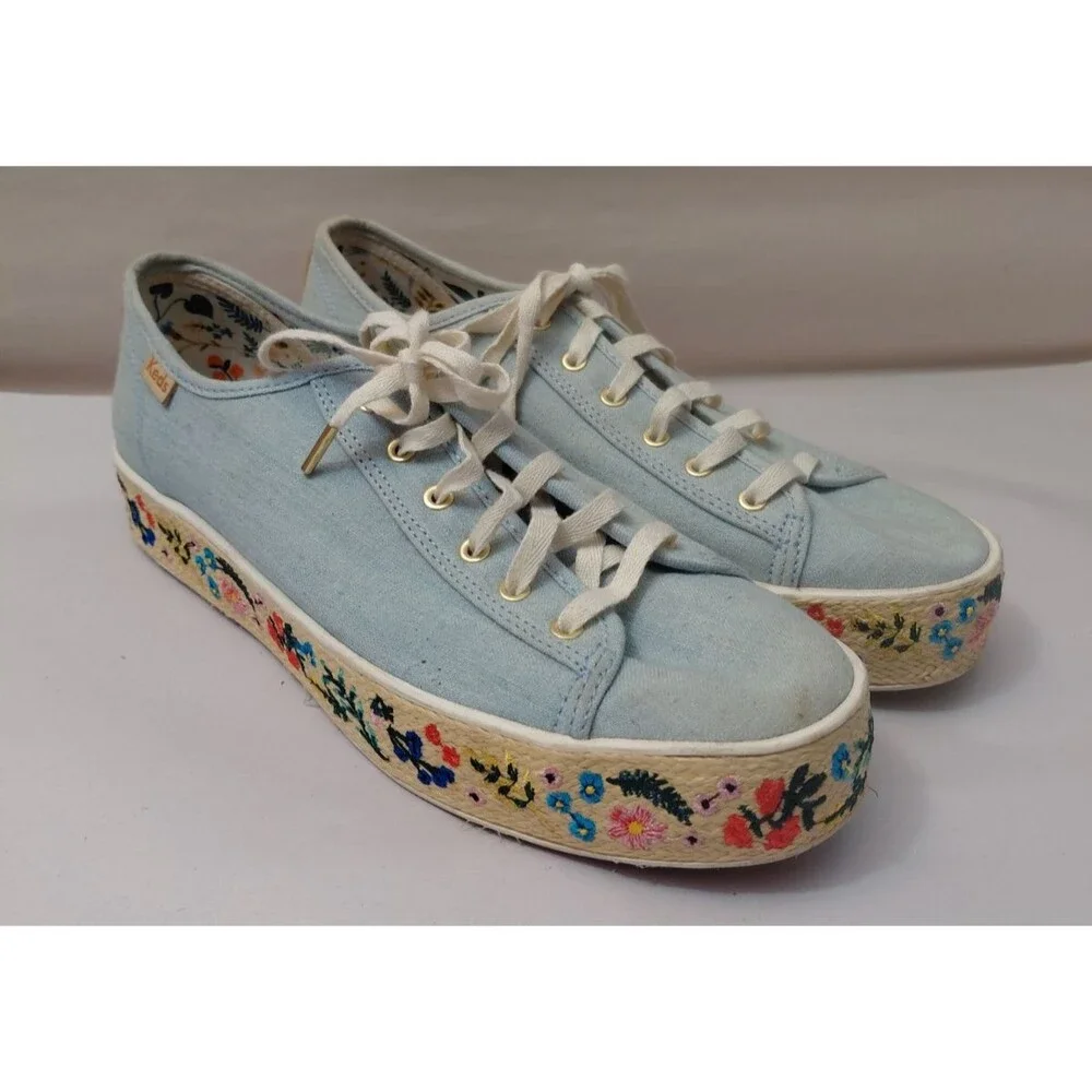 Keds X Rifle Paper Co. Platform Embroidered Lt Blue Sneakers Women’s Sz. 7 5